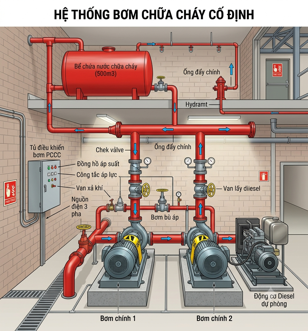 Sơ đồ hệ thống trạm bơm phòng cháy chữa cháy PCCC cho tòa nhà chung cư nhà máy