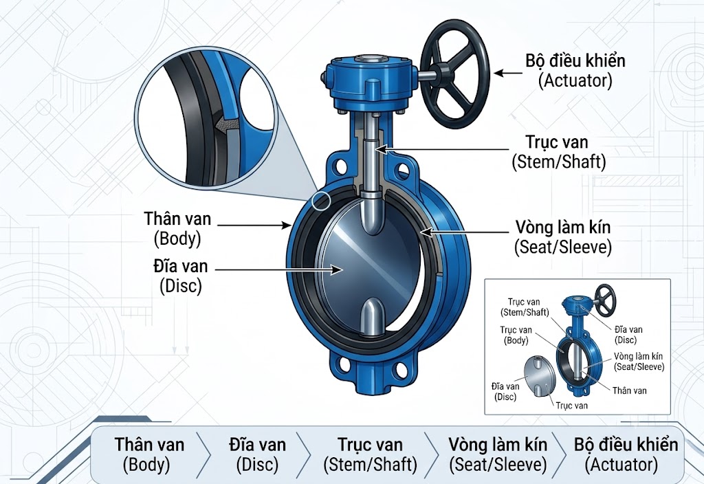 Sơ đồ chi tiết cấu tạo các bộ phận của van bướm