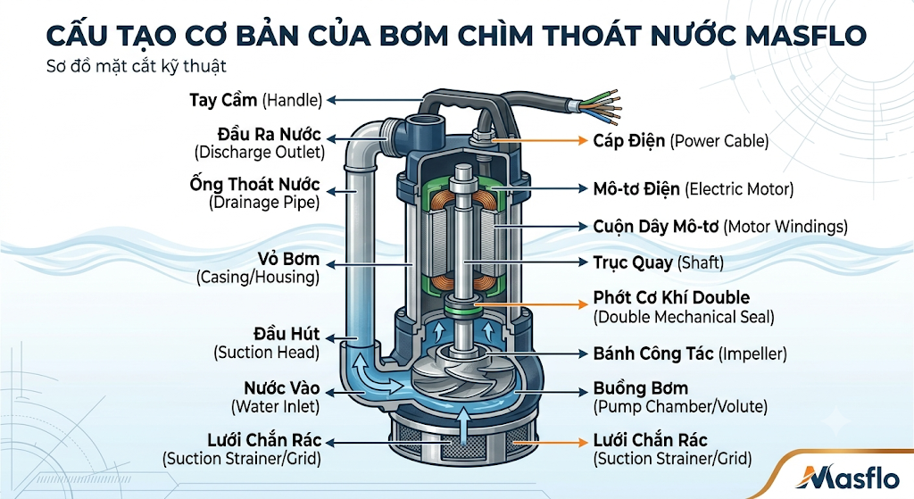 Sơ đồ cấu tạo cơ bản của bơm chìm thoát nước Masflo